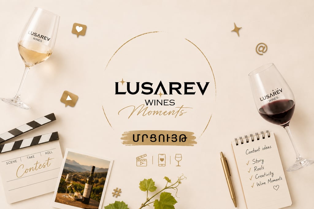 Lusarev Wines social media contest flat lay with wine glasses, clapperboard, and content idea notepad.