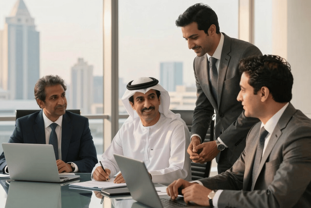 Professional Arab businessmen in a Dubai corporate meeting room discussing global trade strategies.