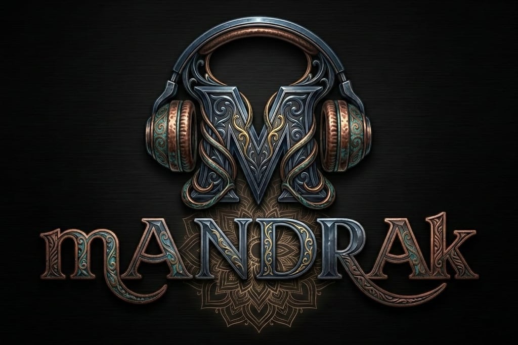 mandrak logo, the letter M with headphones, ornate design