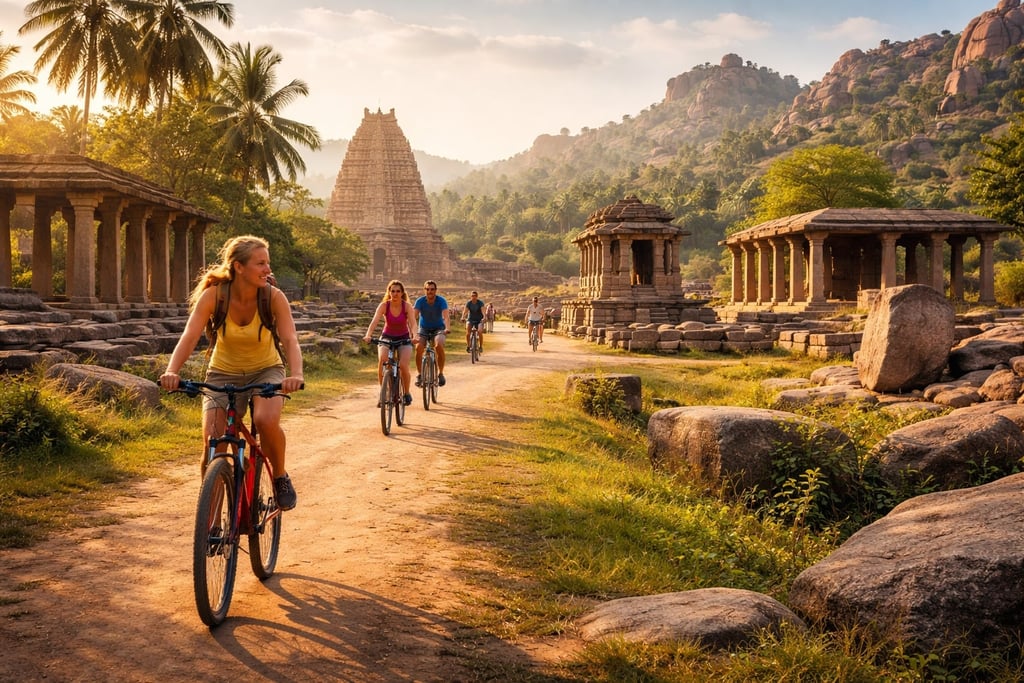 Cycling through Hampi's ancient ruins