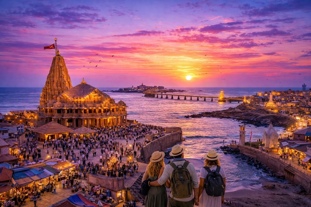 Dwarka sunset with temple and bridge