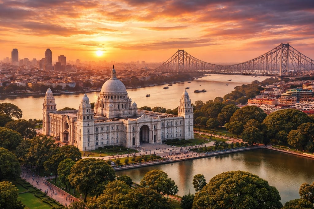 Kolkata at sunset Victoria Memorial & Howrah Bridge