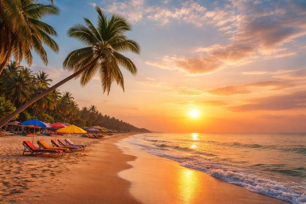 Sunset at Digha beach with vibrant boats