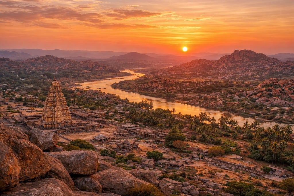 Sunset over Hampi's ancient ruins