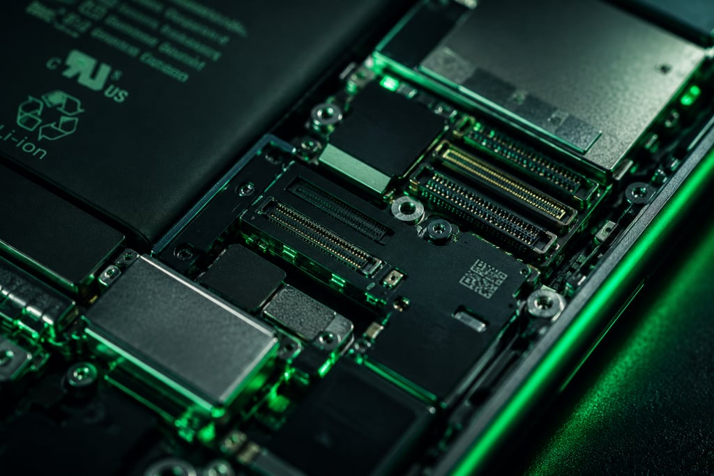Close-up of a smartphone internal circuit board and lithium-ion battery with green lighting.