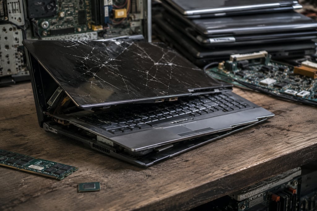A broken laptop with a cracked screen sitting on a wooden workbench for computer repair.