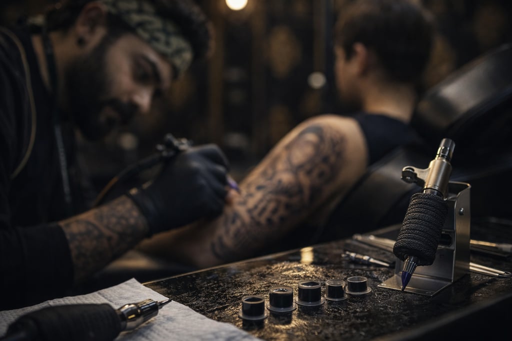 Hygienic tattoo workstation with professional equipment at Krossinks Tattoo Studio