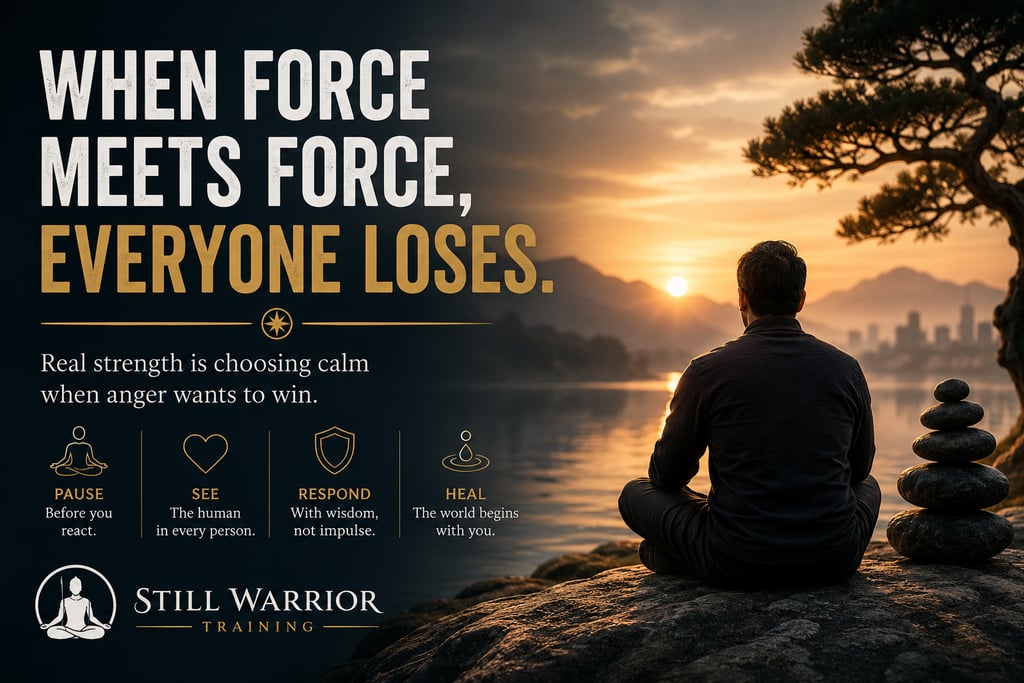 A man practicing mindfulness meditation at sunset, featuring inspirational quotes about emotional intelligence and calm.