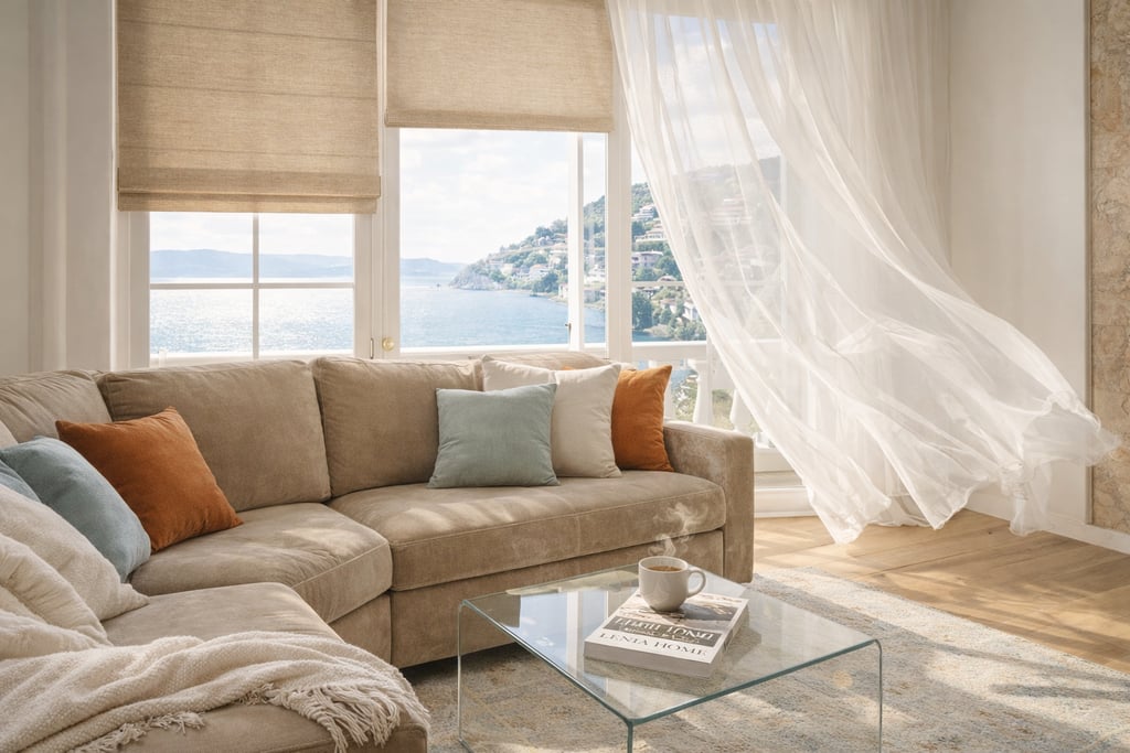 Living room with a beige sectional sofa, Roman shades, and sheer curtains overlooking a coastal ocean view.