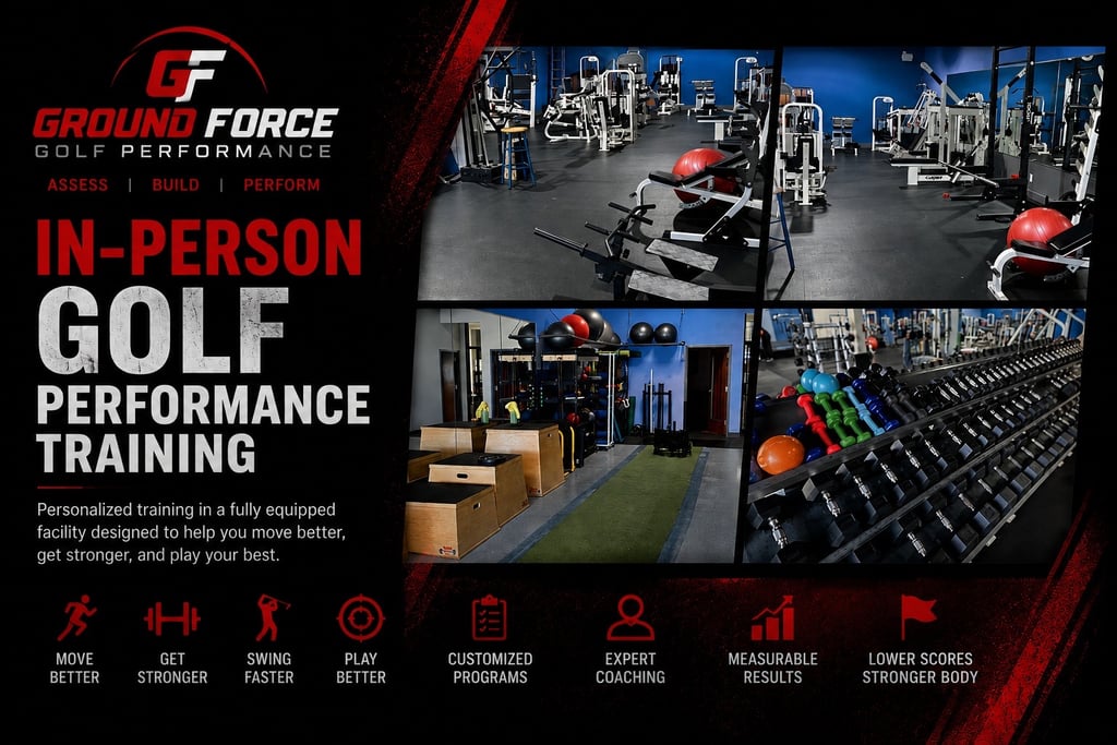 Ground Force Golf Performance training facility with weight sets and specialized fitness equipment.