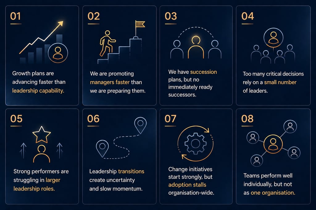 Business infographic outlining eight common challenges in leadership development and organizational growth.