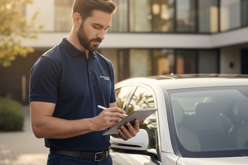 Convoyeur professionnel Convoi-RM effectuant un état des lieux avant un transfert de véhicule.
