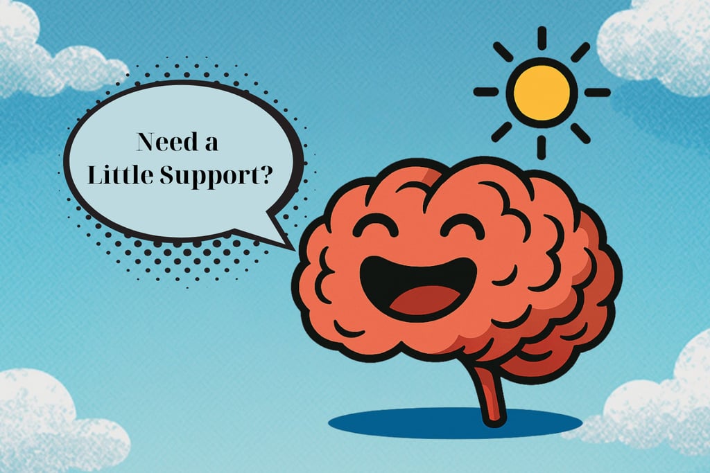 Spark Brain Buddy with a ‘Need a Little Support’ speech bubble on a blue sky background