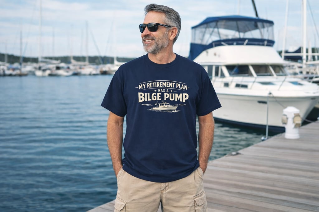 Smiling man in a navy blue bilge pump t-shirt standing on a marina dock with yachts.