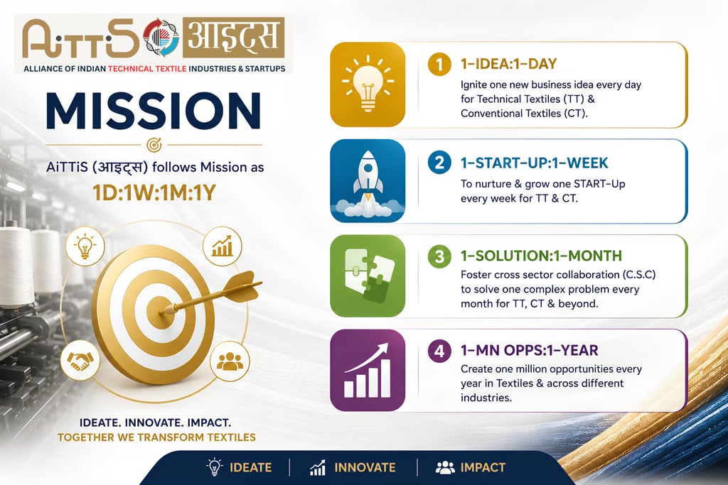 AiTTiS mission infographic outlining goals for technical textiles including new business ideas and startup growth.