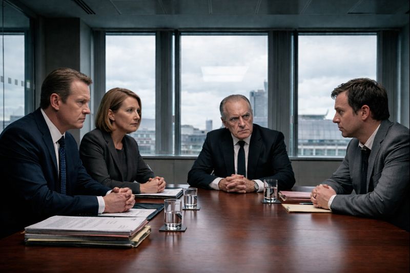 Single man on right hand side of a table facing a disciplinary panel of 3 (2 male, 1 female)