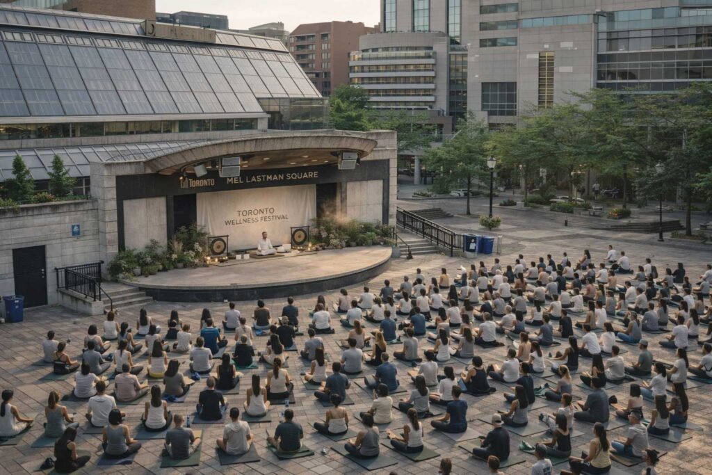 Crowd practicing outdoor yoga at the Toronto Wellness Festival in Mel Lastman Square.