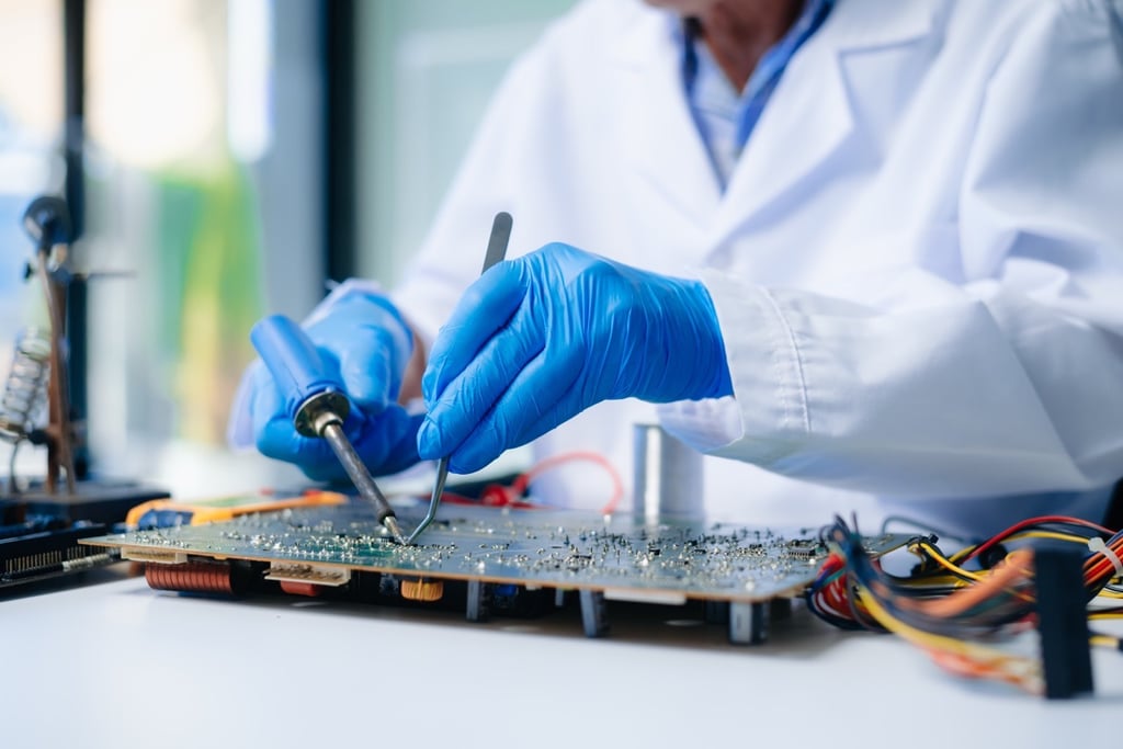 Technician soldering electronic circuit board for custom hardware modification.