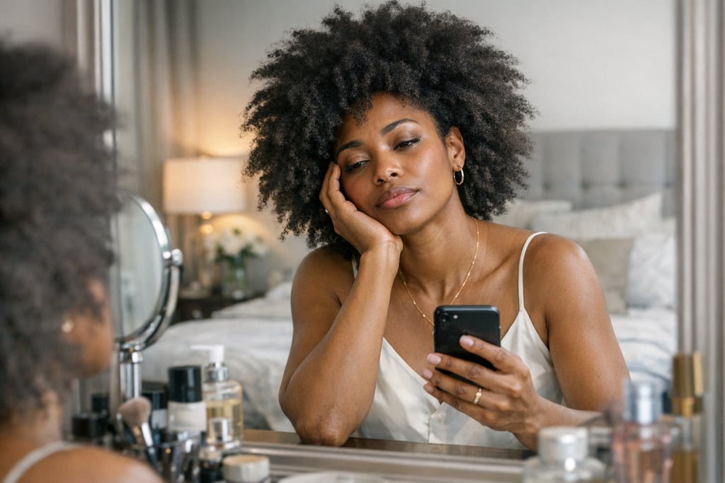A woman with a natural afro hairstyle looks at her smartphone while sitting at a vanity mirror.