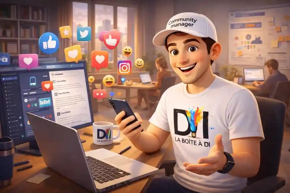 Illustration 3D de Dam community manager animant les réseaux sociaux en entreprise avec smartphone et ordinateur