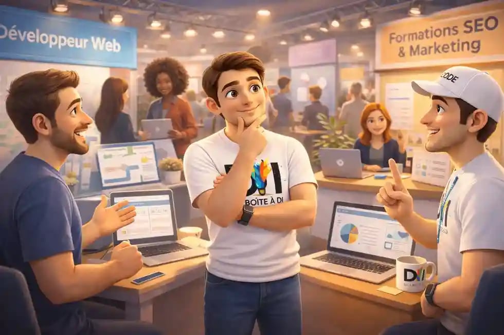 Illustration 3D de Dam échangeant avec des professionnels pour choisir le métier du numérique qui lui correspond