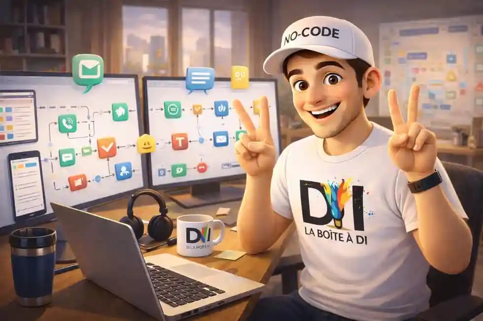 Illustration 3D de Dam spécialiste no-code faisant le signe de la victoire devant des automatisations simples