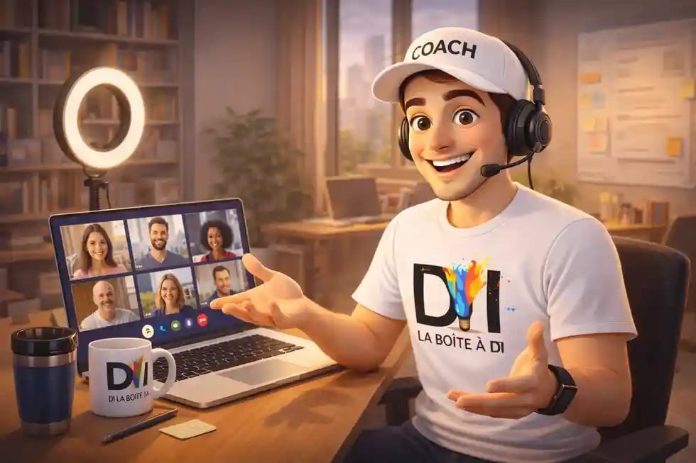 Illustration 3D de Dam coach en ligne animant une session à distance avec ordinateur et casque dans un cadre professionnel