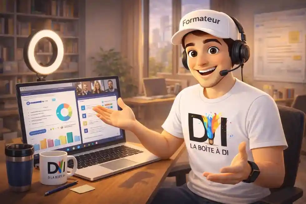 Illustration 3D de Dam formateur en ligne animant une formation à distance devant son ordinateur