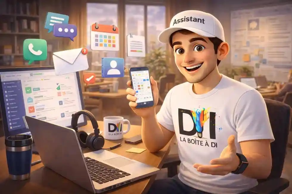 Illustration 3D de Dam assistant virtuel premium gérant tâches et communications en ligne dans un environnement professionnel