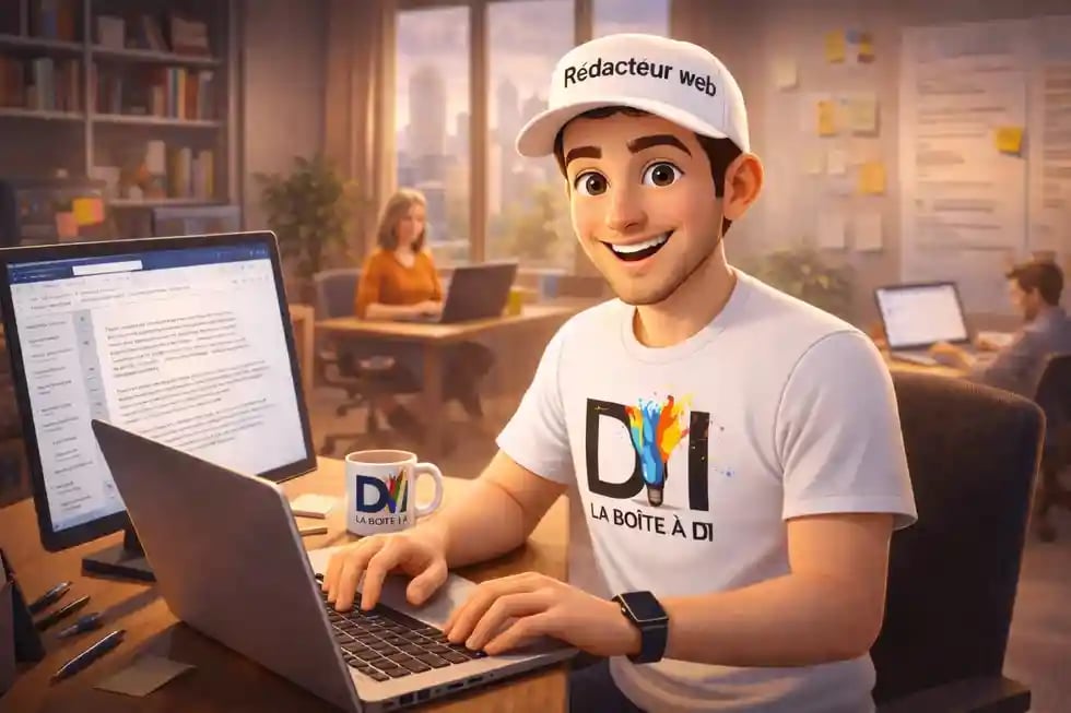 Illustration 3D de Dam rédacteur web, travaillant sur ordinateur avec casquette et mug La Boîte à DI