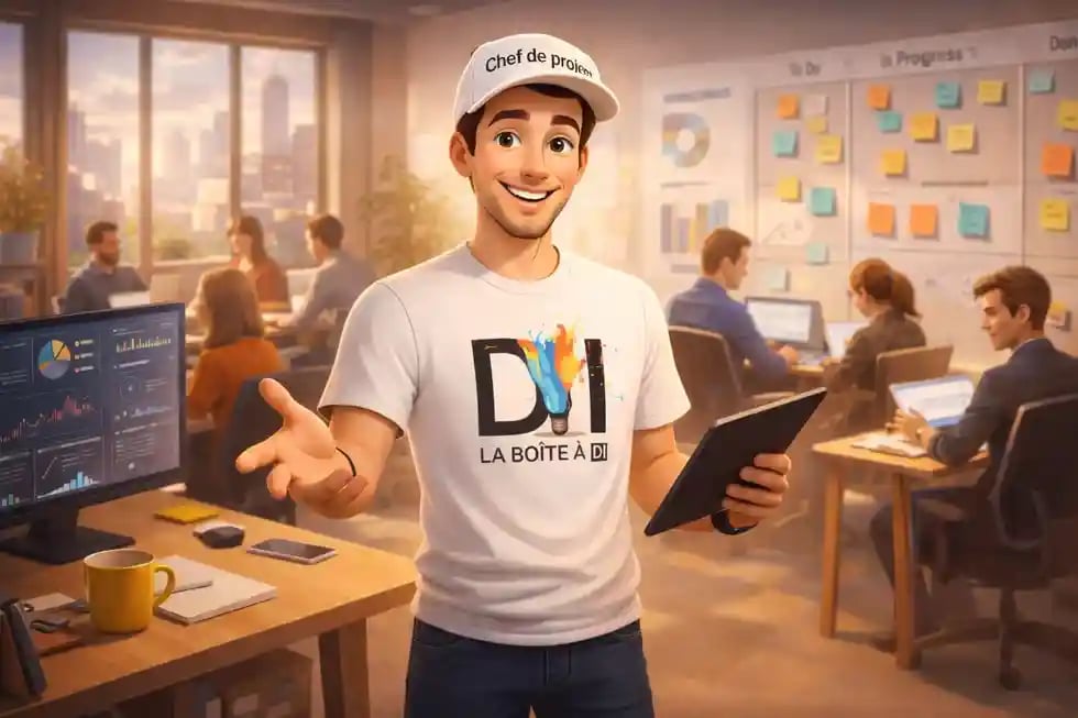 Illustration 3D de Dam en chef de projet digital, coordonnant une équipe dans un environnement professionnel du numérique