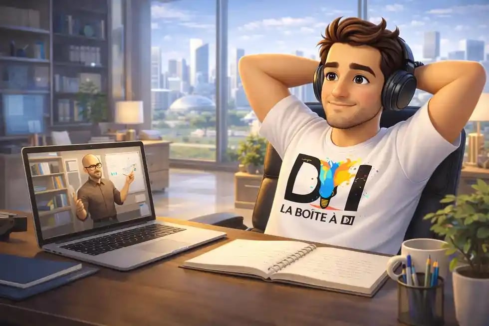 Illustration 3D style Pixar de Dam détendu dans un bureau moderne, suivant une formation en ligne pour changer de métier