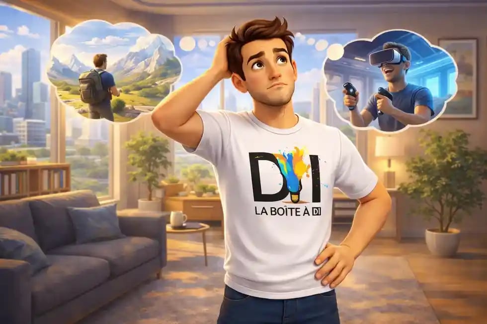 Illustration 3D style Pixar de Dam pensif dans son salon futuriste, symbolisant l’envie de changer de vie après 40 ans