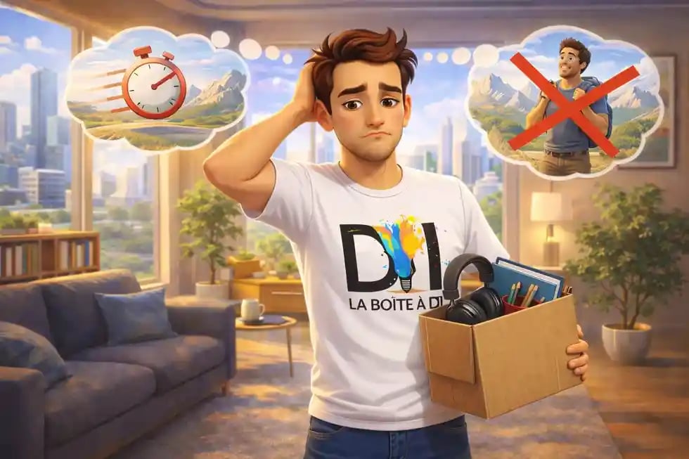 Illustration 3D style Pixar de Dam déçu, illustrant les erreurs fréquentes lors d’un changement de vie après 40 ans