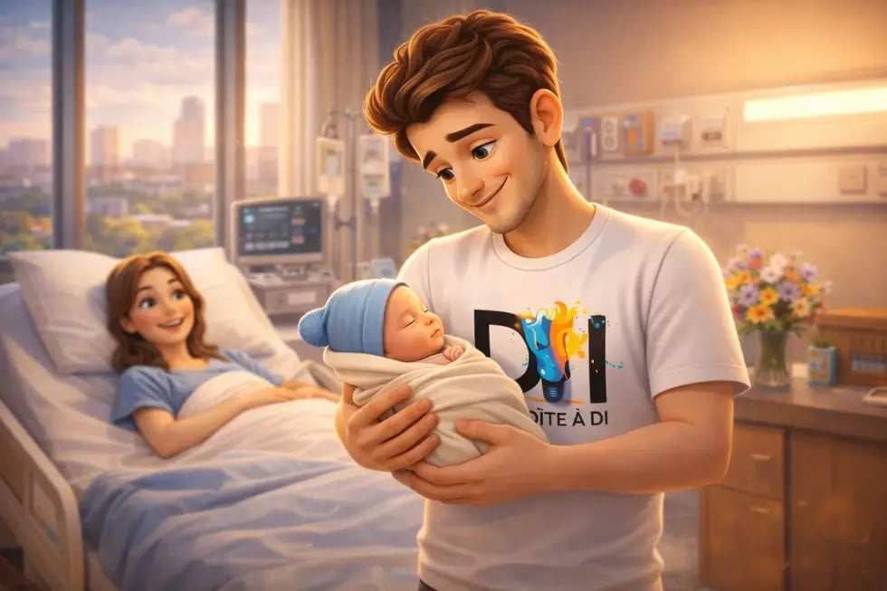 Illustration 3D de Dam tenant son nouveau-né à la maternité, moment déclencheur d’un événement personnel fort
