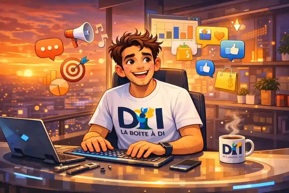 Dam au bureau futuriste à 19h, coucher de soleil, marketing, montre que le numérique dépasse l’informatique.