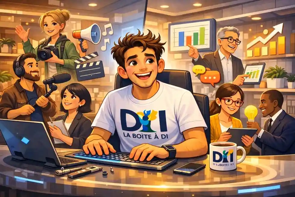 Dam montre des profils non informaticiens réussissant dans le numérique, créatifs et business, bureau futuriste ensoleillé.