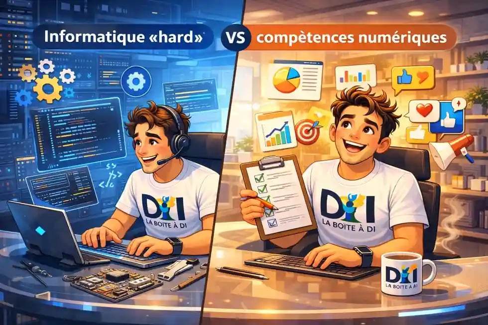 Dam compare informatique “hard” et compétences numériques dans un bureau futuriste, icônes code et outils digitaux.