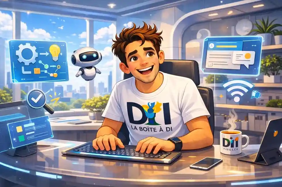 Dam jovial au bureau futuriste à midi, à l’aise devant son ordinateur, illustre ce que “bon en informatique” veut dire.