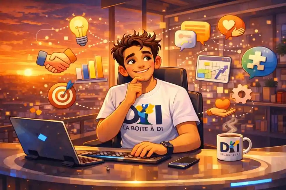 Dam identifie ses soft skills à 19h, bureau futuriste au coucher du soleil, icônes communication et créativité, reconversion.