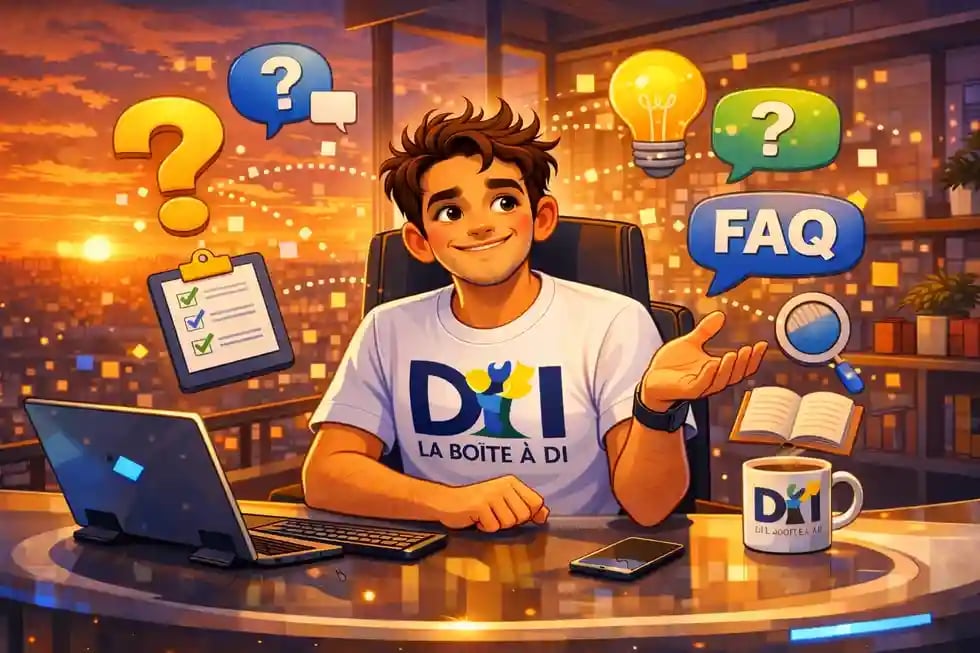 Dam en bureau futuriste à 19h, ambiance coucher de soleil, bulle FAQ et questions, propose “Je réponds à vos questions”.