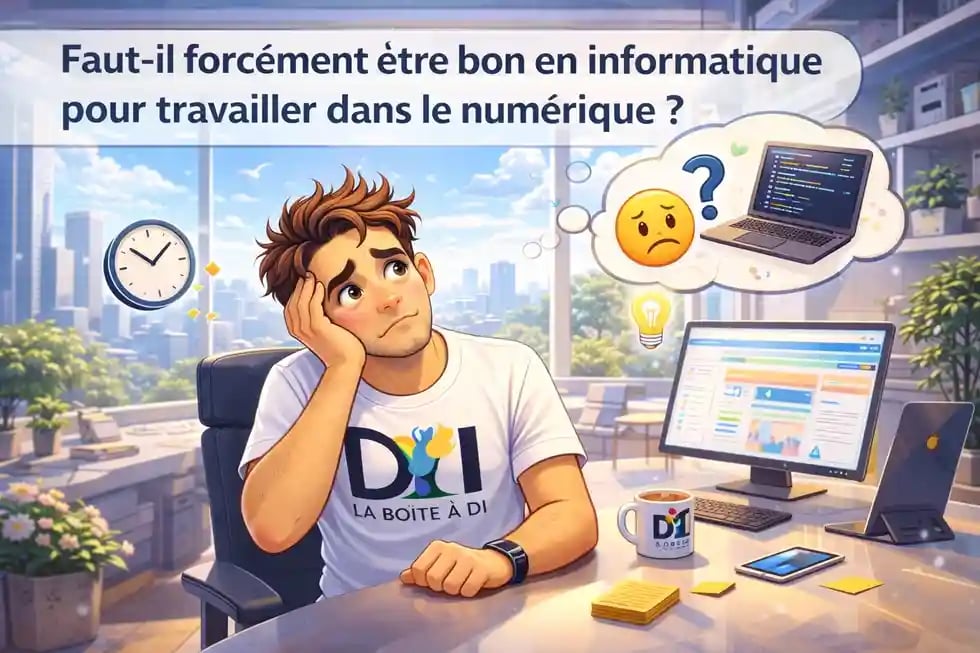 Dam doute de ses compétences en informatique dans un bureau futuriste, titre de l’article affiché, travail dans le numérique.