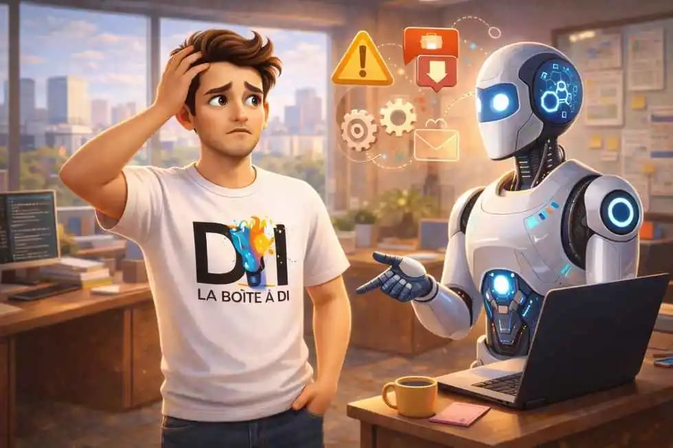 Illustration 3D de Dam inquiet face à l’intelligence artificielle et à l’obsolescence des compétences professionnelles