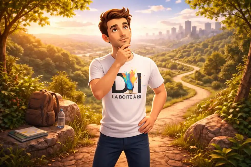 Illustration 3D de Dam en réflexion, symbolisant la quête de sens personnelle et professionnelle