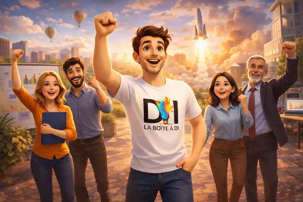 Illustration 3D de Dam relevant de nouveaux défis professionnels avec enthousiasme aux côtés d’autres personnes