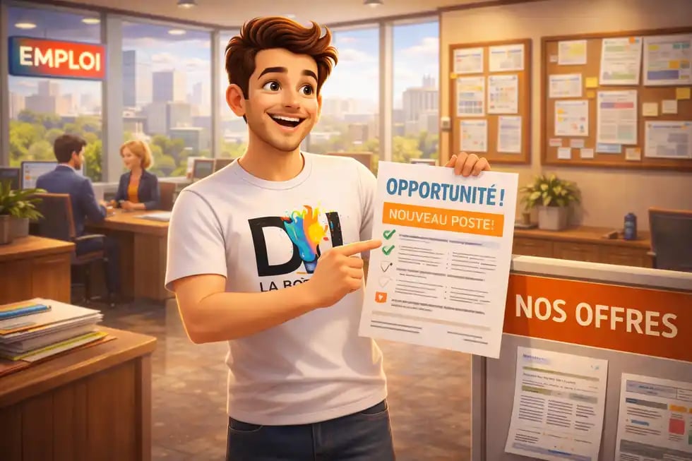 Illustration 3D de Dam découvrant les opportunités du marché du travail dans un organisme d’emploi