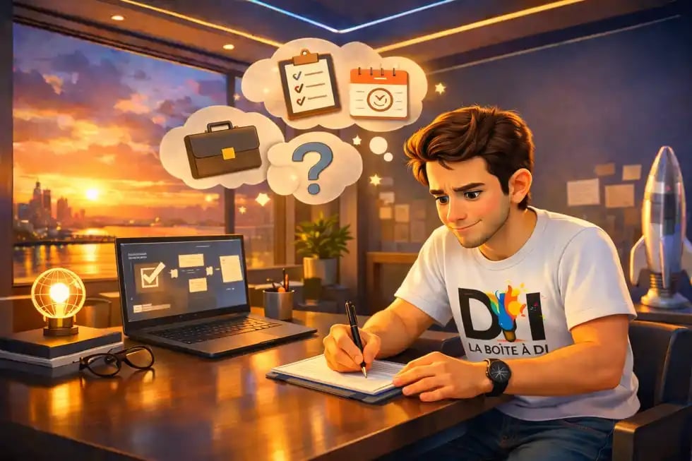 Dam concentré prépare son premier rendez-vous CEP dans un bureau moderne au coucher de soleil, illustration 3D Pixar