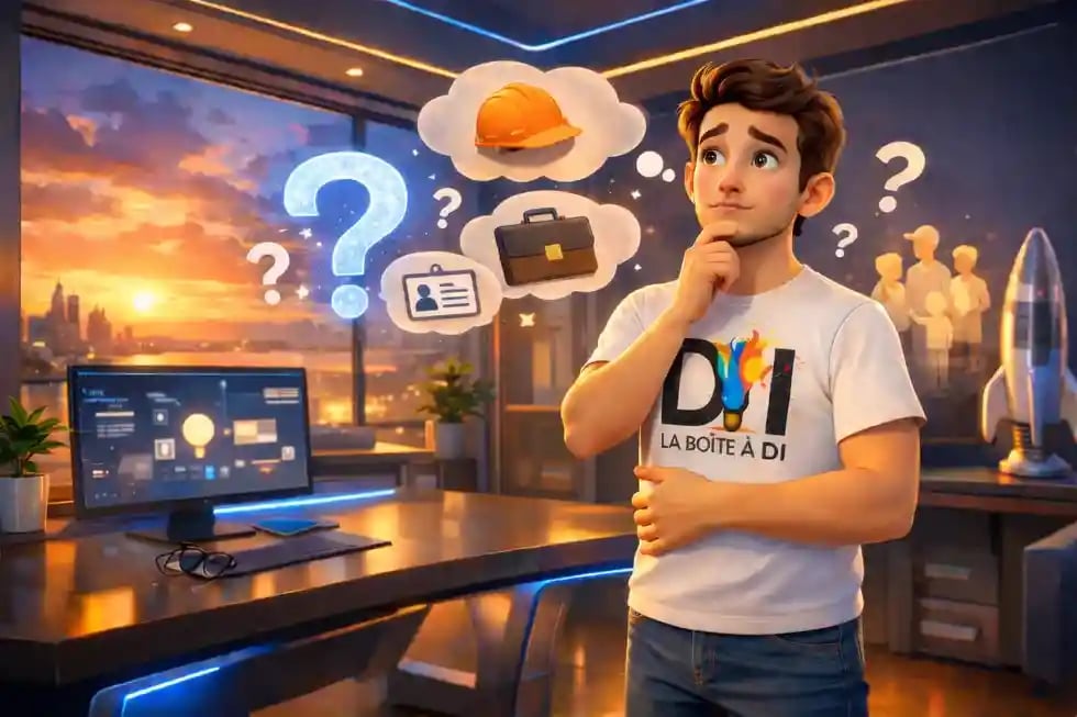 Dam réfléchit au CEP 2026 dans son bureau futuriste au coucher de soleil, illustration 3D style Pixar professionnelle