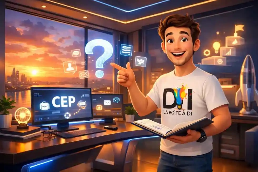 Dam découvre le CEP dans un bureau moderne au coucher de soleil, illustration 3D style Pixar professionnelle