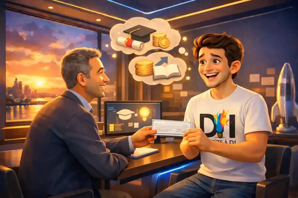 Dam heureux reçoit un chèque de son conseiller CEP pour financer sa formation après 40 ans.